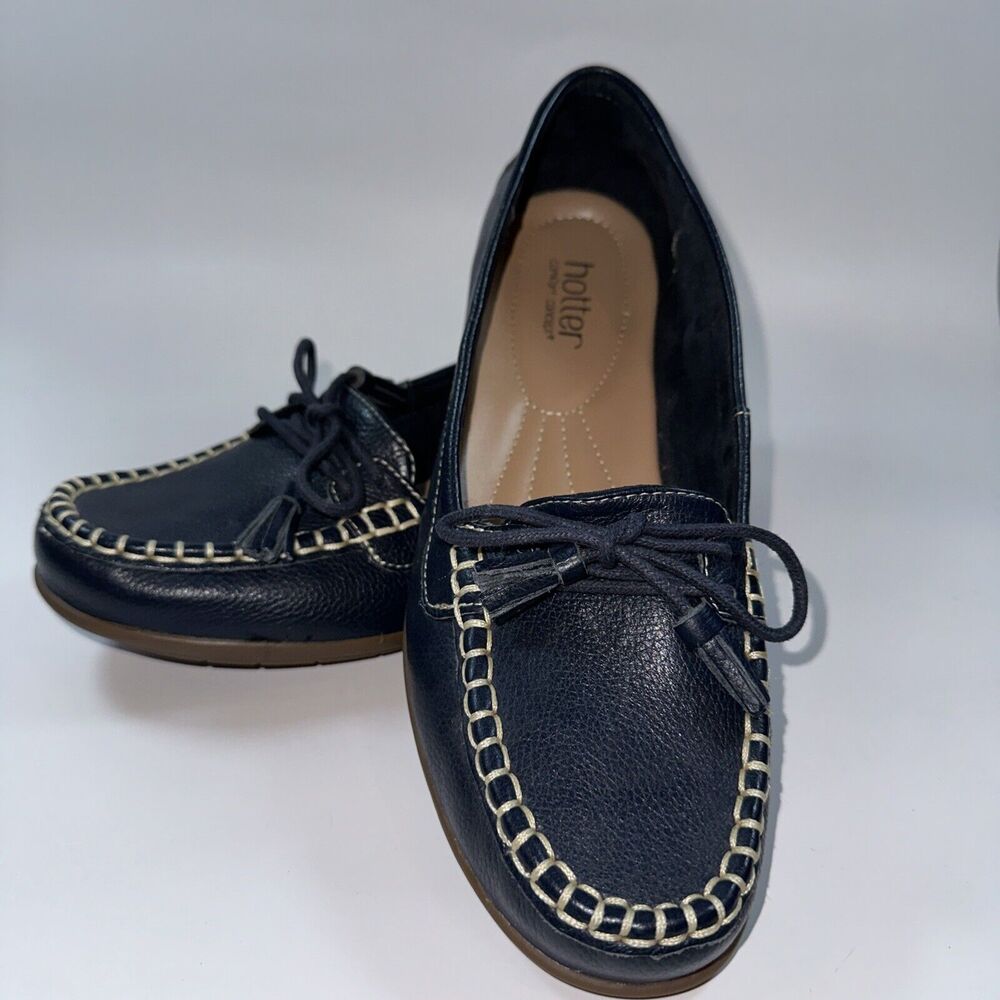 Hotter Shoes Women's 10 M Navy Blue Honiton Slip-On Loafers Leather Stitching